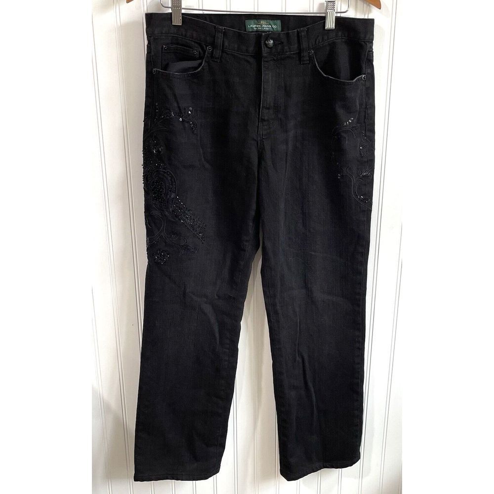 LRL Ralph Lauren Jeans Womens‎ 10 Black Classic Straight Floral Embroidered